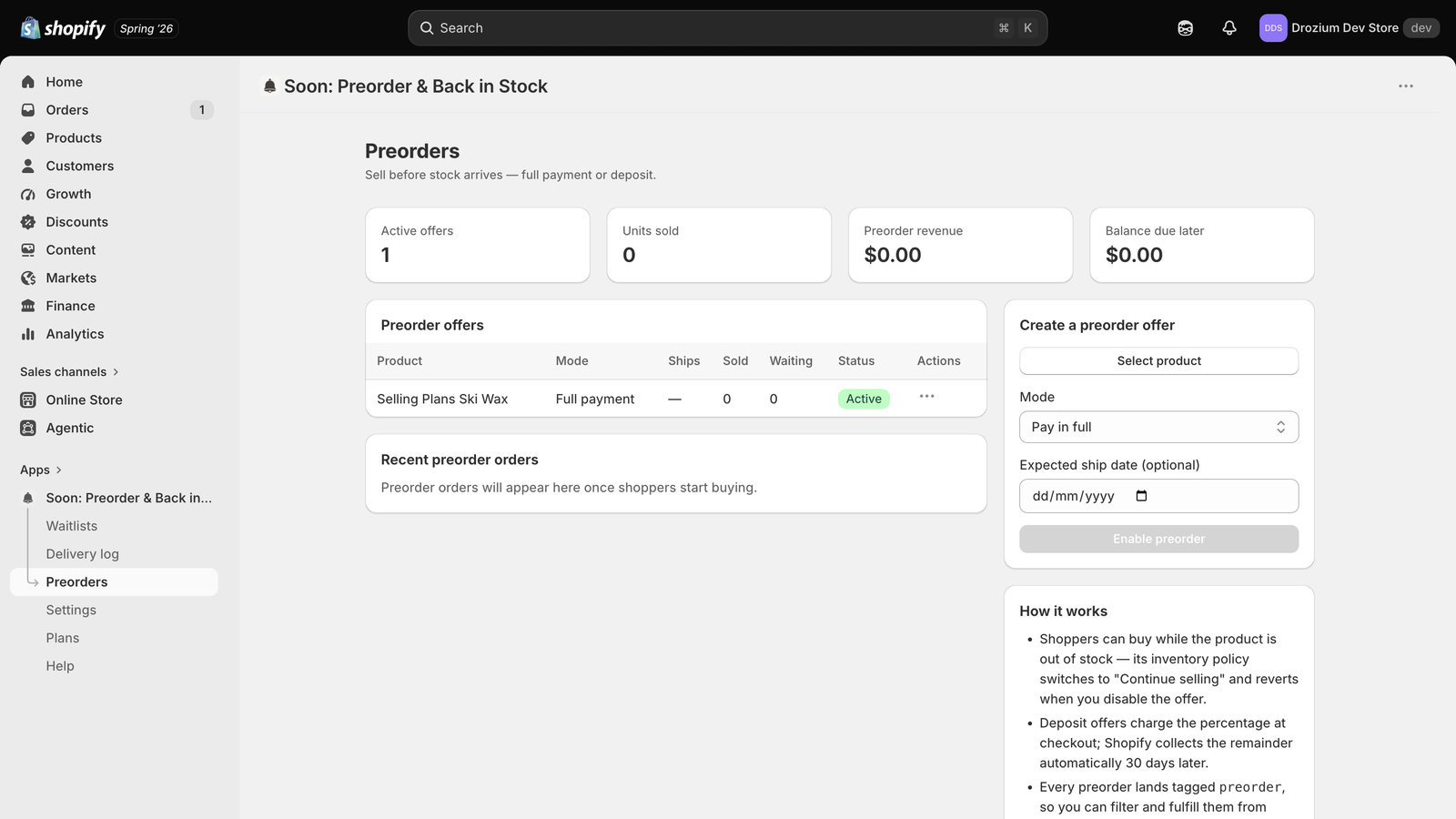 The Preorders page with an active offer