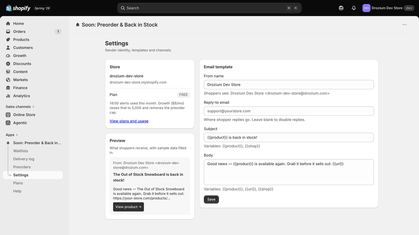 Settings with the live email preview